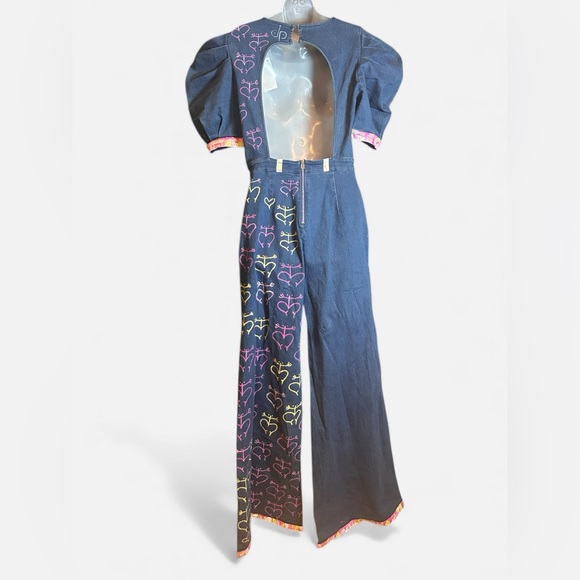 Denim Jumpsuit Wide Leg Short Puff Sleeve Women’s Large Hand painted hearts - Picture 7 of 10